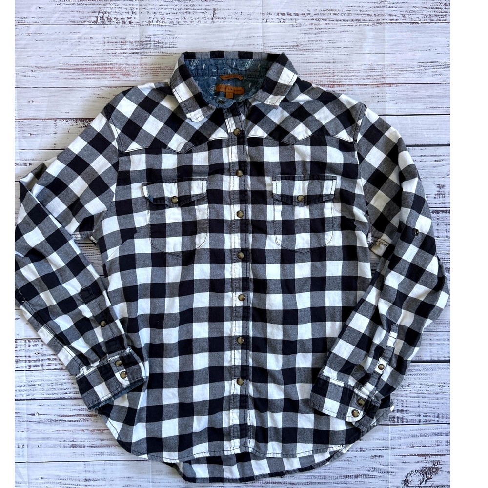 Jachs Girlfriend Plaid Western Shirt Women Large Black‎ White Comfort Stretch
